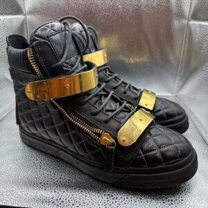 Size 40 - Giuseppe Zanotti Womens Black Leather High Top‎ Gold Quilted Sneakers